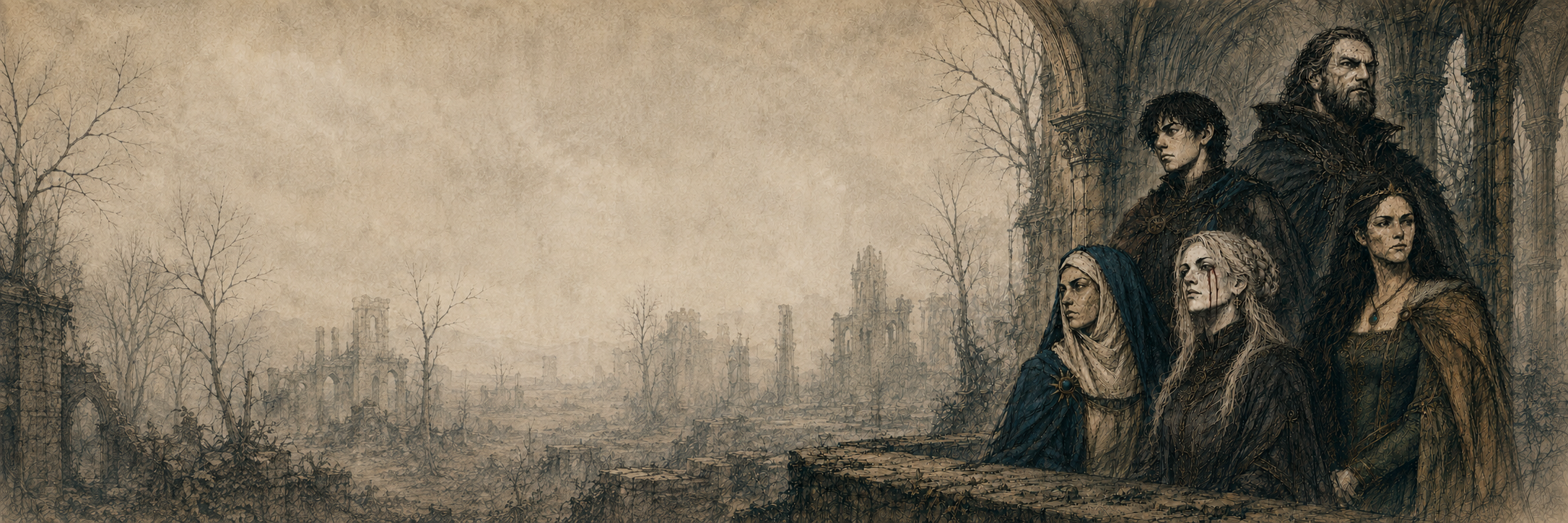 Alaric, Lothaire, sœur Estel, Myriel et Maywen dans les ruines d’une ancienne salle de conseil